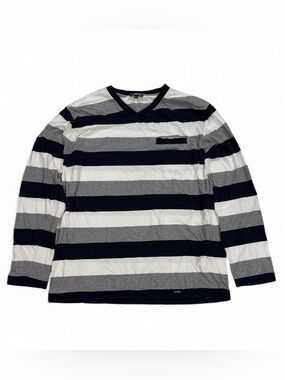 Oneway navy, white and grey striped long sleeve shirt